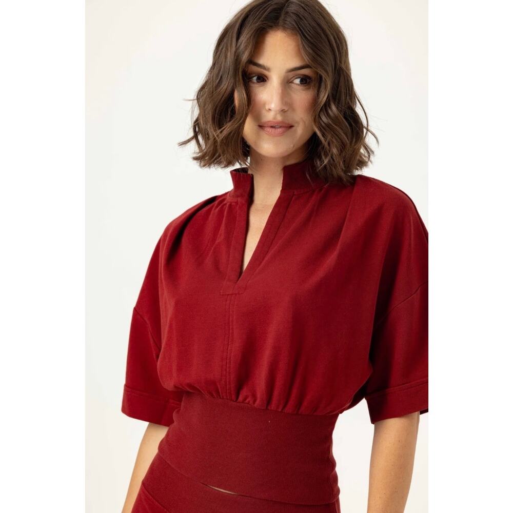 Sundays MEDIUM Syrah Red French Terry Wide Sleeve V-Neck Brynn Pullover NWT